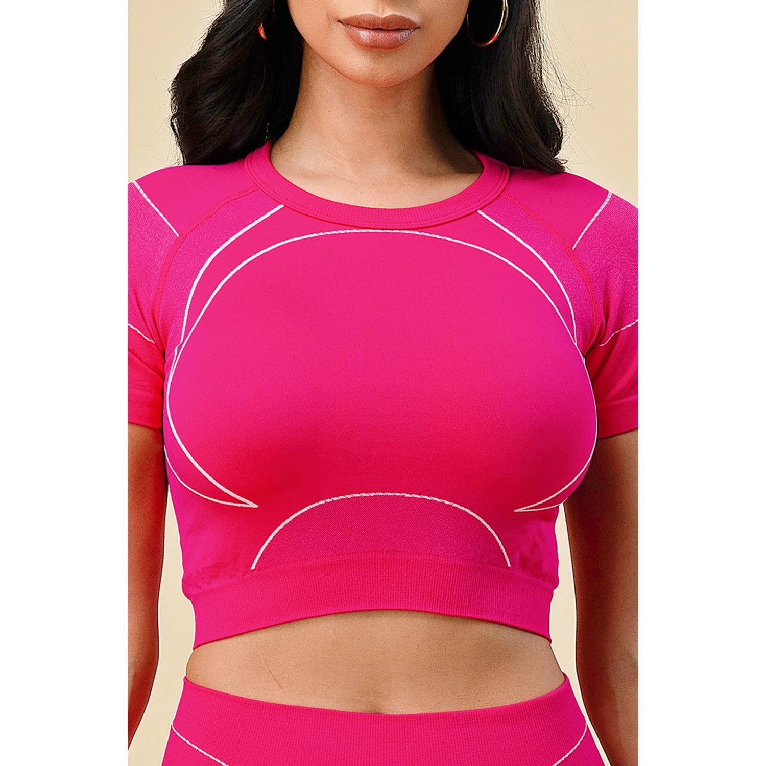 TARA PATTERN SHORT SLEEVE CROP TOP BIKE LEGGINGS SET: FUCHSIA