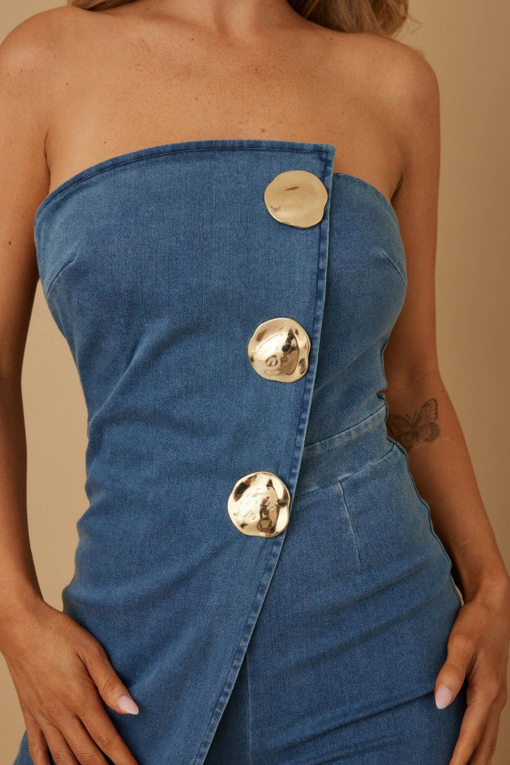 Genesis Denim Open Flap Layer Strapless Jumpsuit