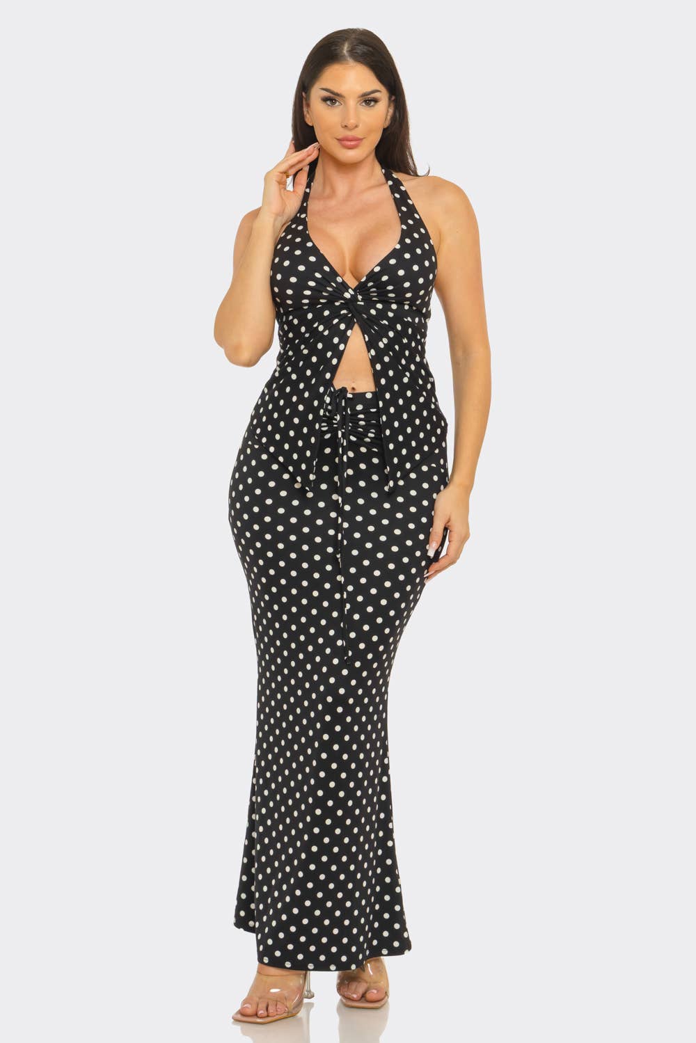 Polka Dots Front V- Neck Twist Halter Top And Skirt Set : Black-White / 2-2-2 (S-M-L)