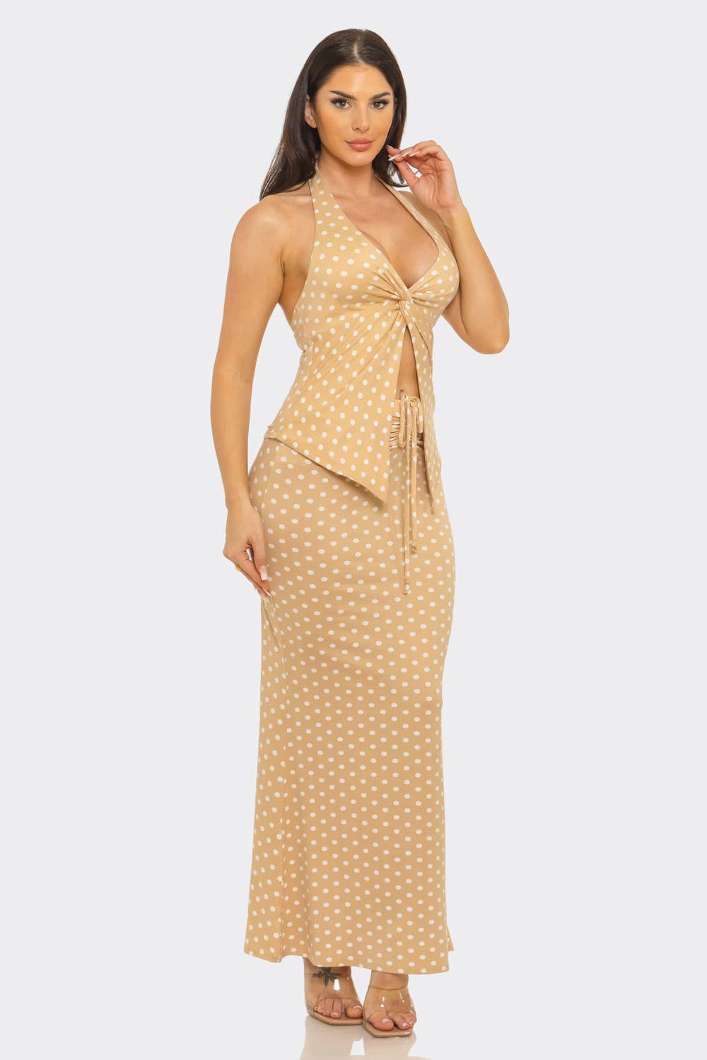 Polka Dots Front V- Neck Twist Halter Top And Skirt Set : Black-White / 2-2-2 (S-M-L)