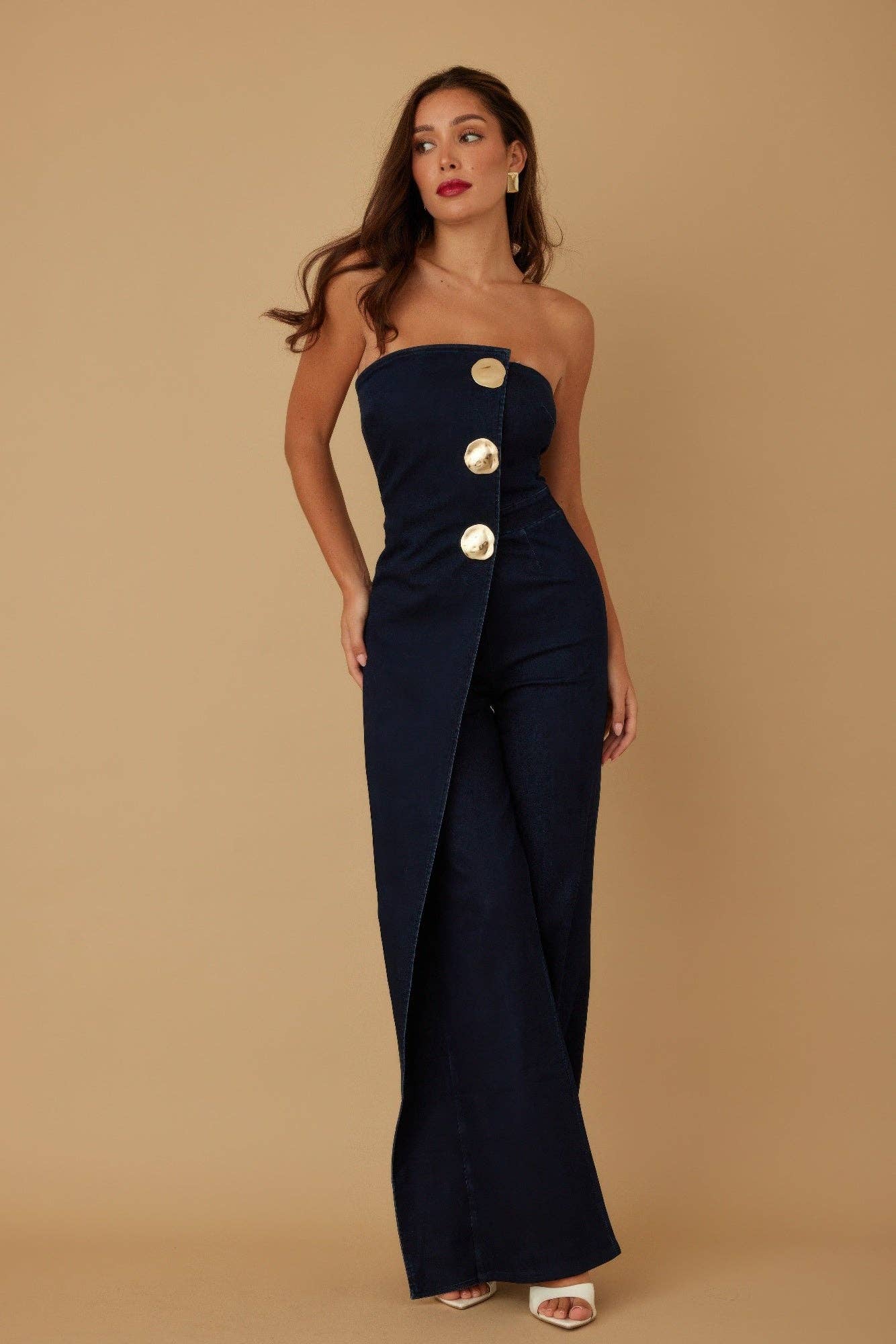 Genesis Denim Open Flap Layer Strapless Jumpsuit