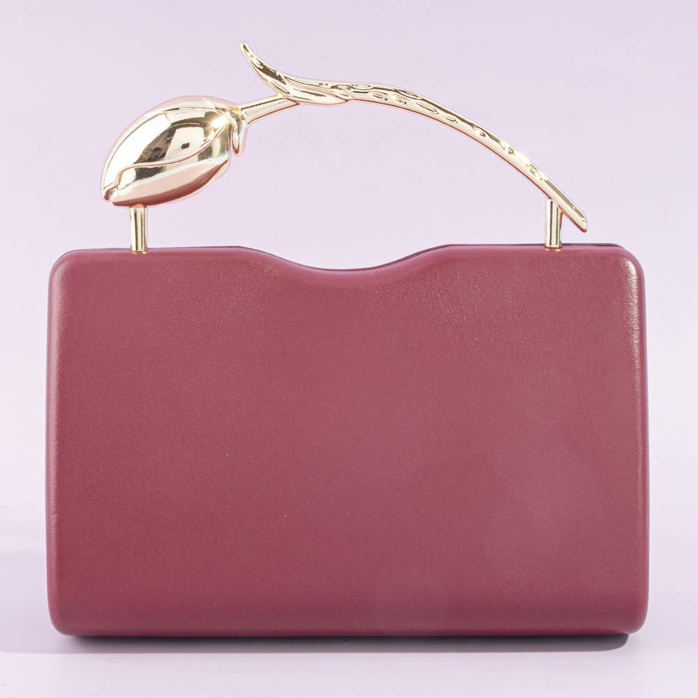 Sculpted Leaf Handle Hard Case Evening Clutch: DBR