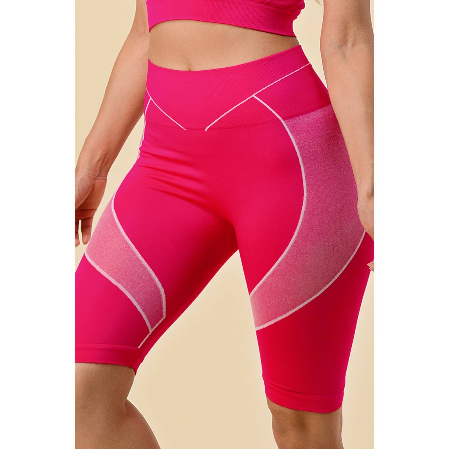 TARA PATTERN SHORT SLEEVE CROP TOP BIKE LEGGINGS SET: FUCHSIA
