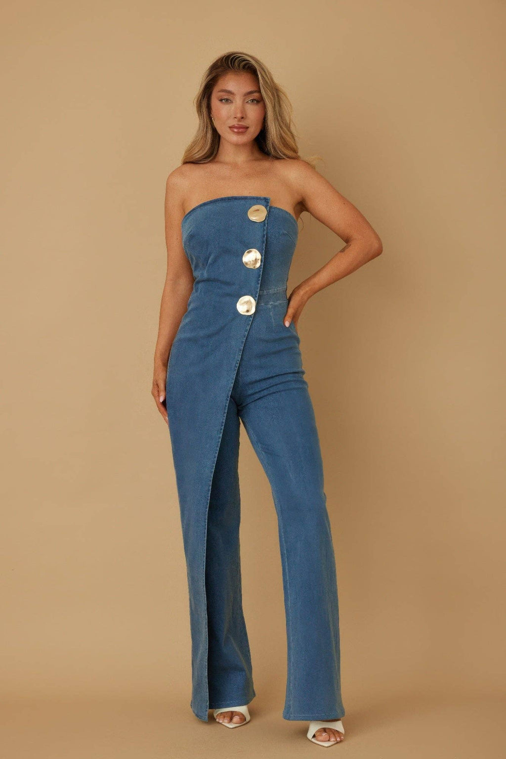 Genesis Denim Open Flap Layer Strapless Jumpsuit