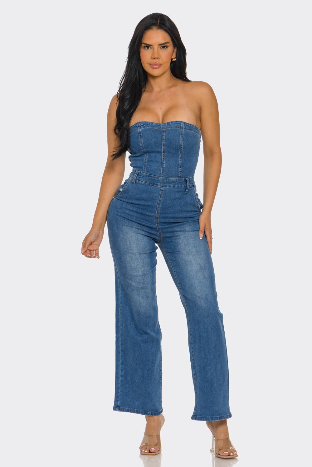 BARELY DENIM JUMPSUIT STRAPLESS : Dark Blue