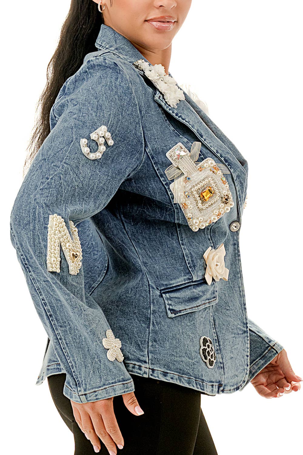 Embellished Pearl & Rhinestone Denim Blazer: M