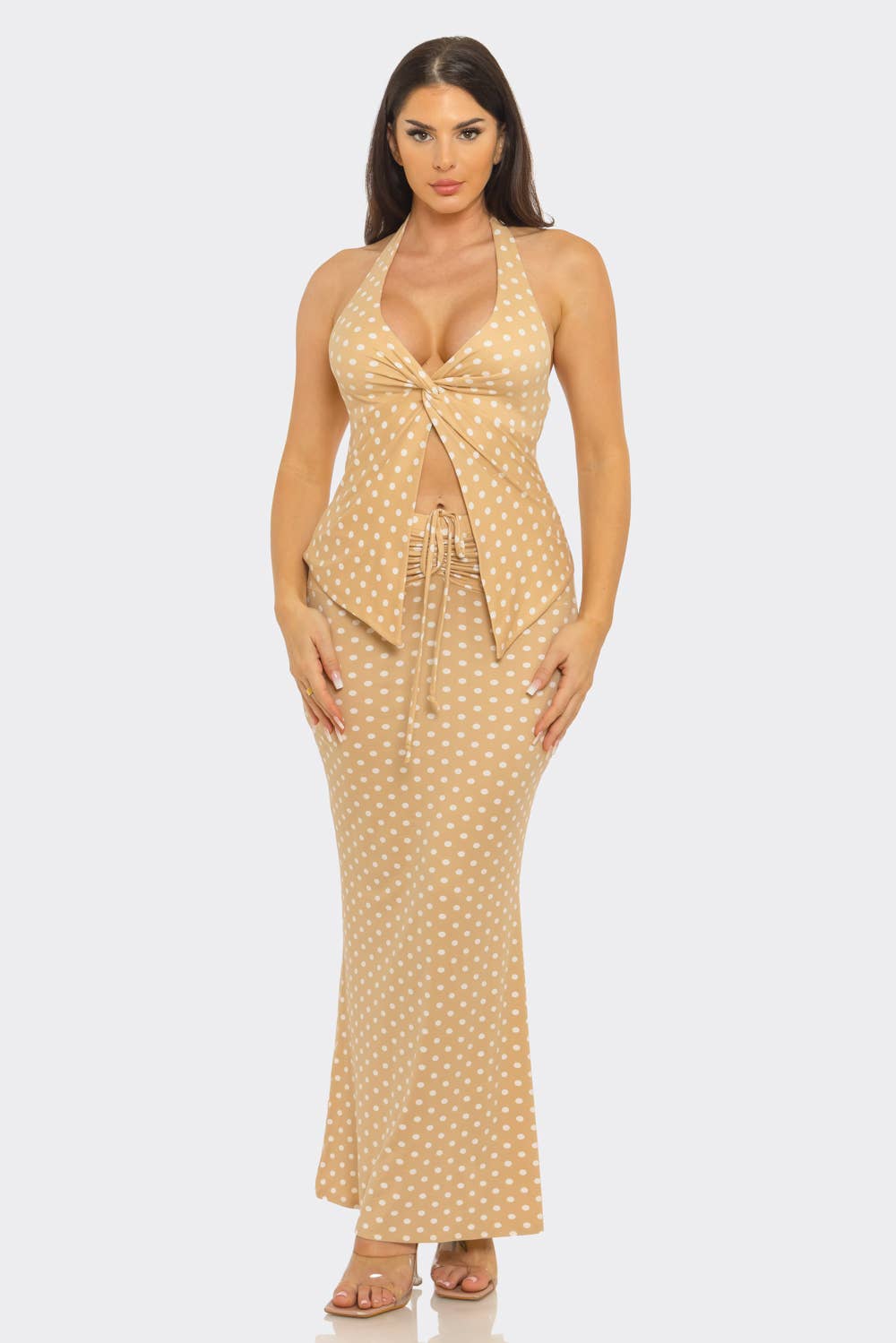 Polka Dots Front V- Neck Twist Halter Top And Skirt Set : Black-White / 2-2-2 (S-M-L)
