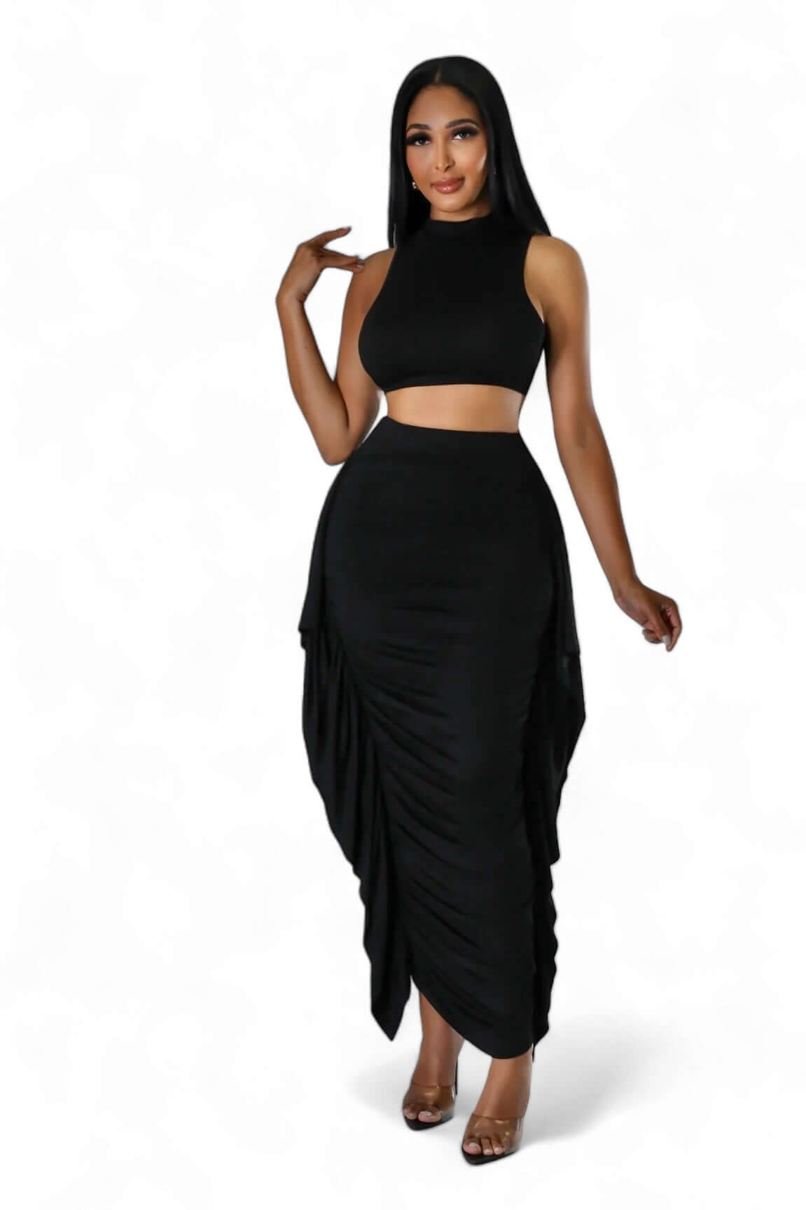 Two Piece Mock Neck Crop Top Ruched Fringed Skirt Set