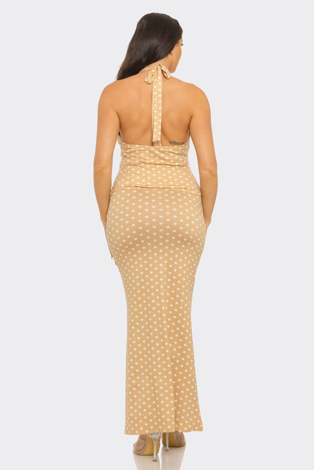 Polka Dots Front V- Neck Twist Halter Top And Skirt Set : Black-White / 2-2-2 (S-M-L)