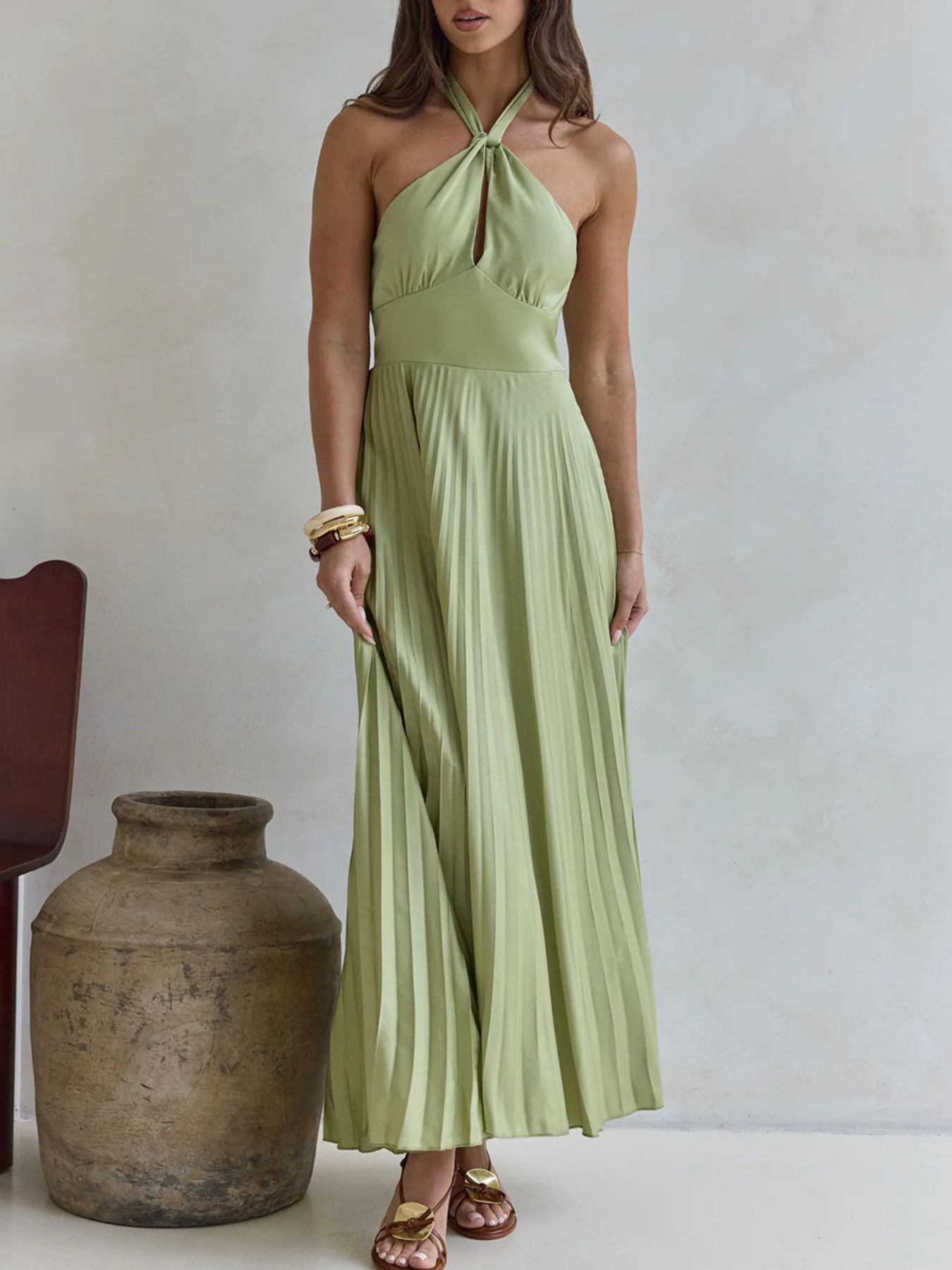 Halter Neck Pleated A-Line Dress