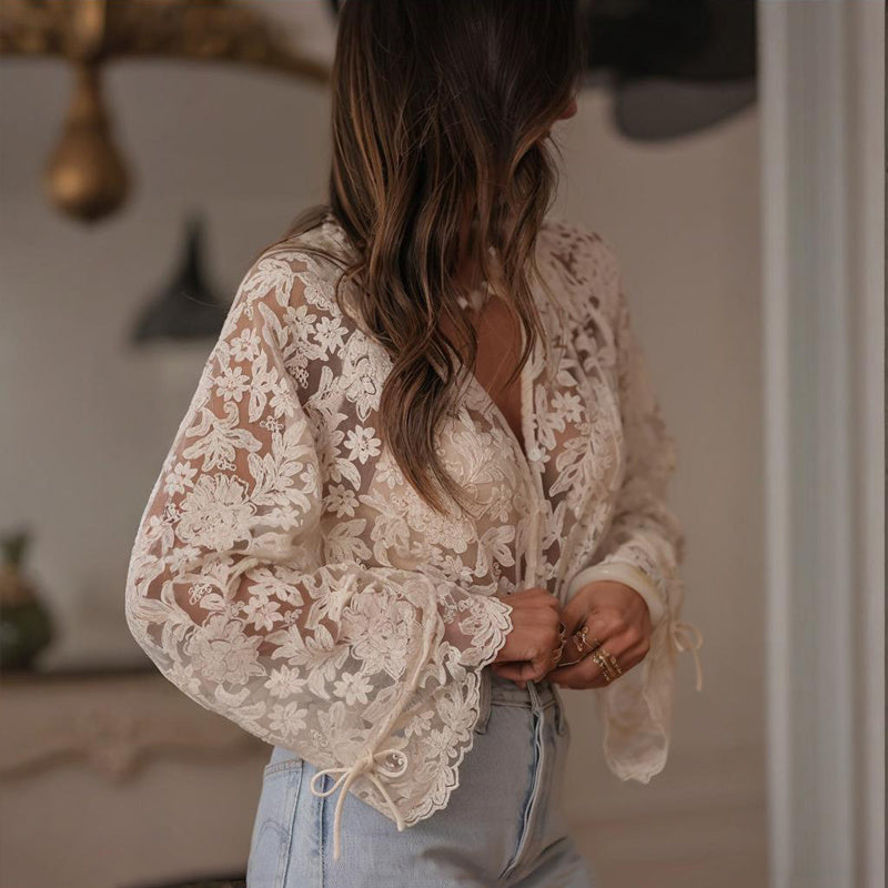 Saffron Lace Boho Embroidered V-Neck Blouse