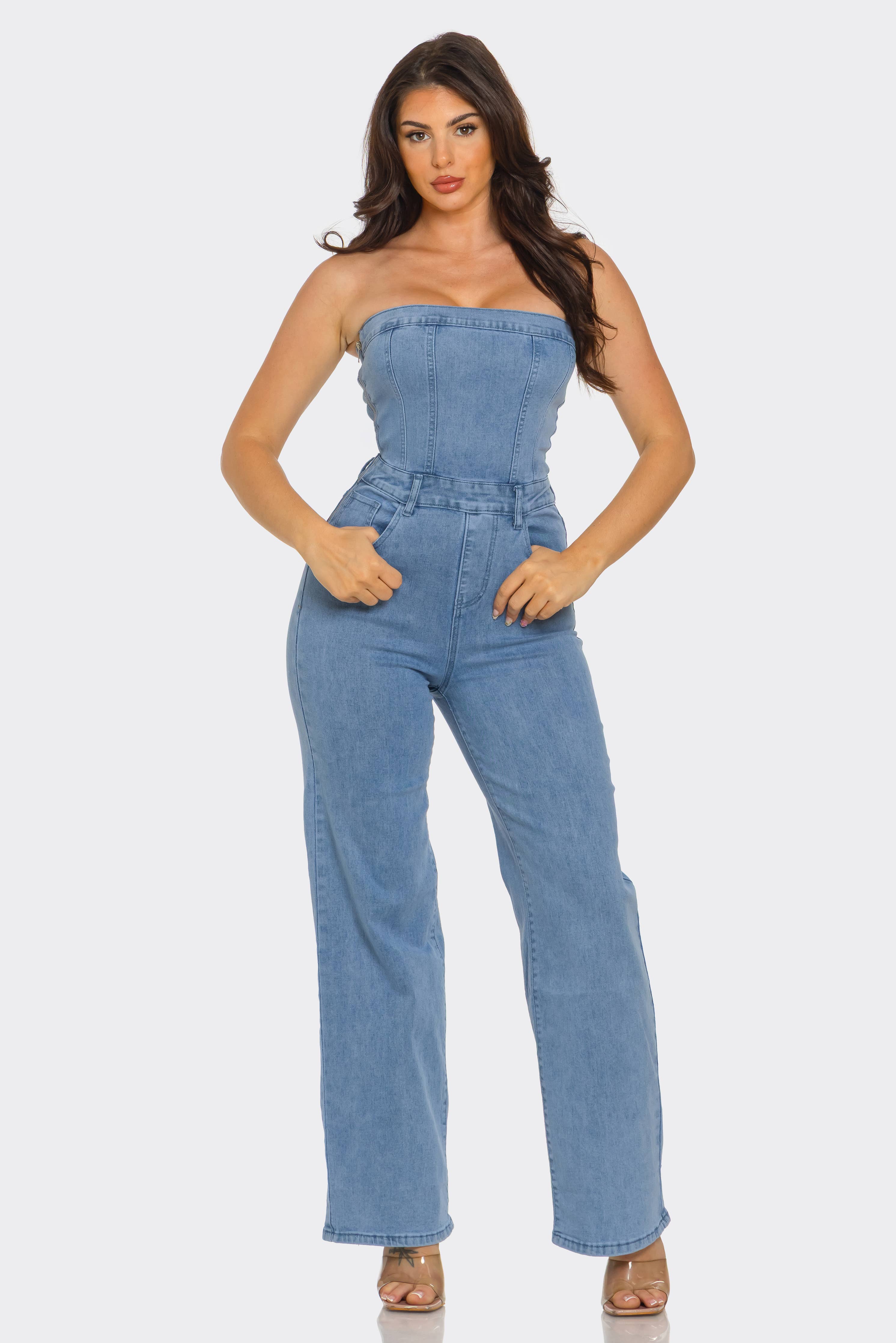 BARELY DENIM JUMPSUIT STRAPLESS : Dark Blue