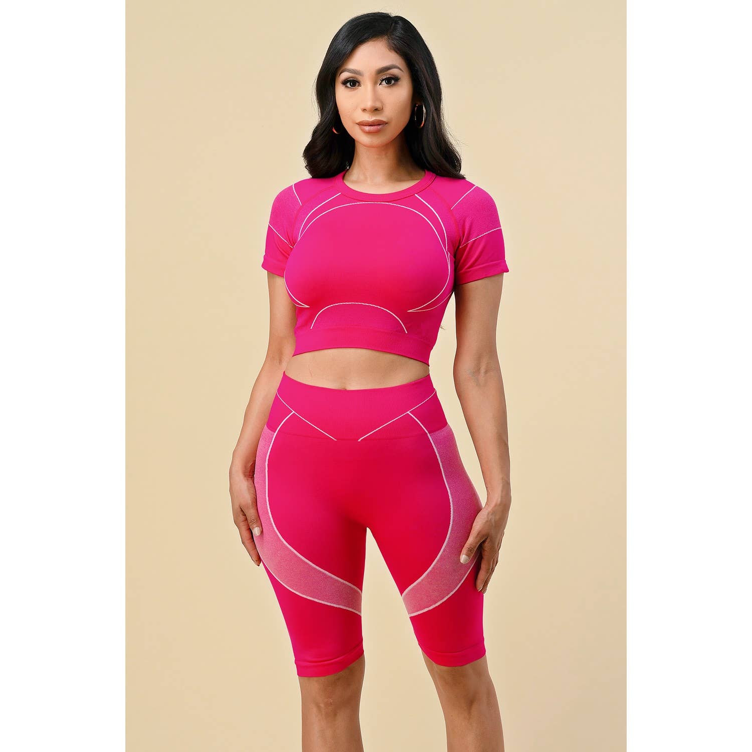 TARA PATTERN SHORT SLEEVE CROP TOP BIKE LEGGINGS SET: FUCHSIA