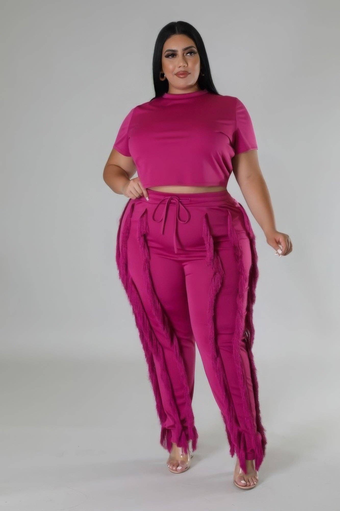 Pink Fringe Plus Crop Top Two-piece Set