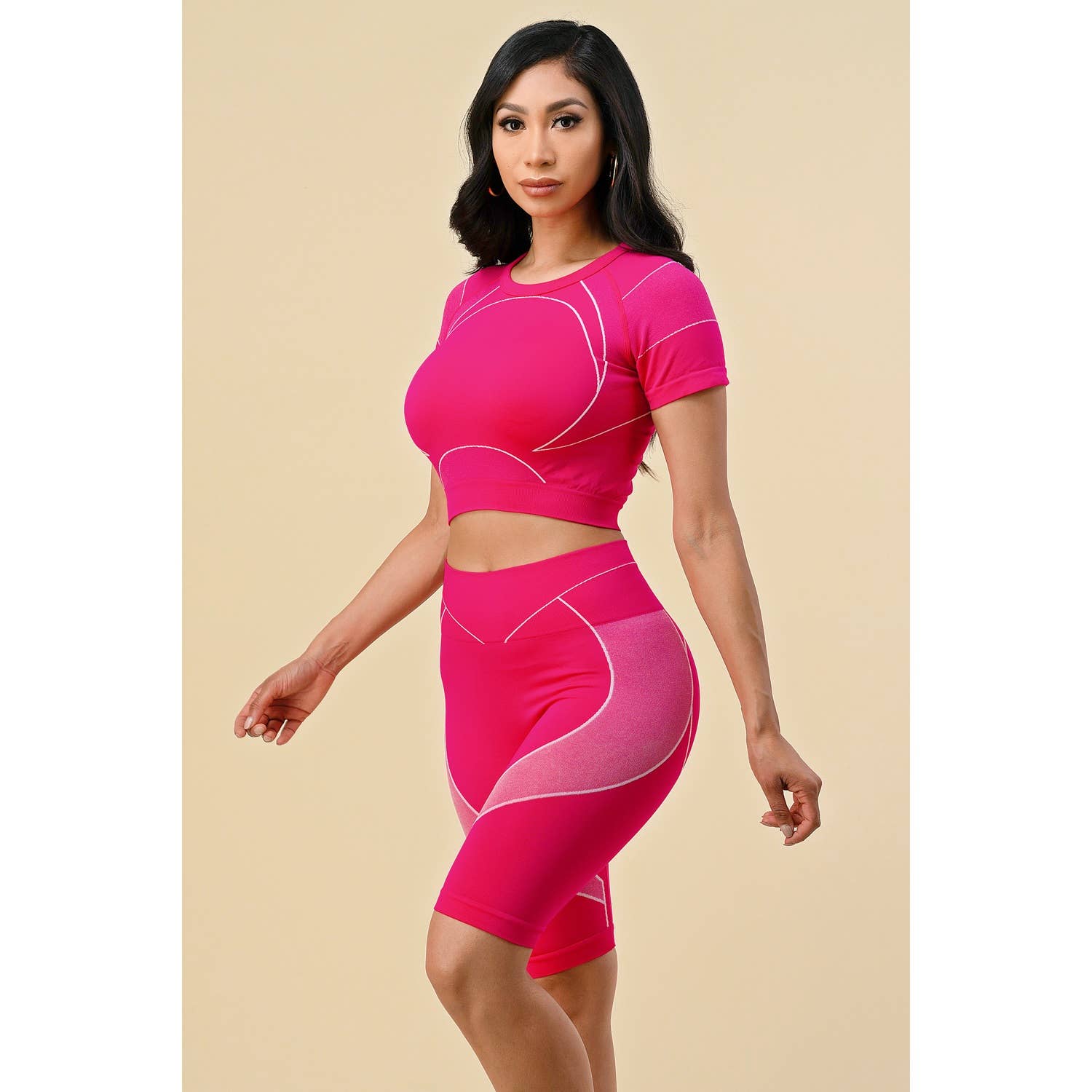 TARA PATTERN SHORT SLEEVE CROP TOP BIKE LEGGINGS SET: FUCHSIA