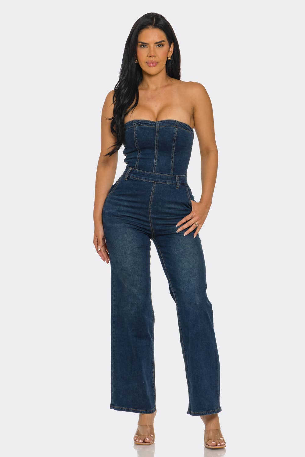 BARELY DENIM JUMPSUIT STRAPLESS : Dark Blue
