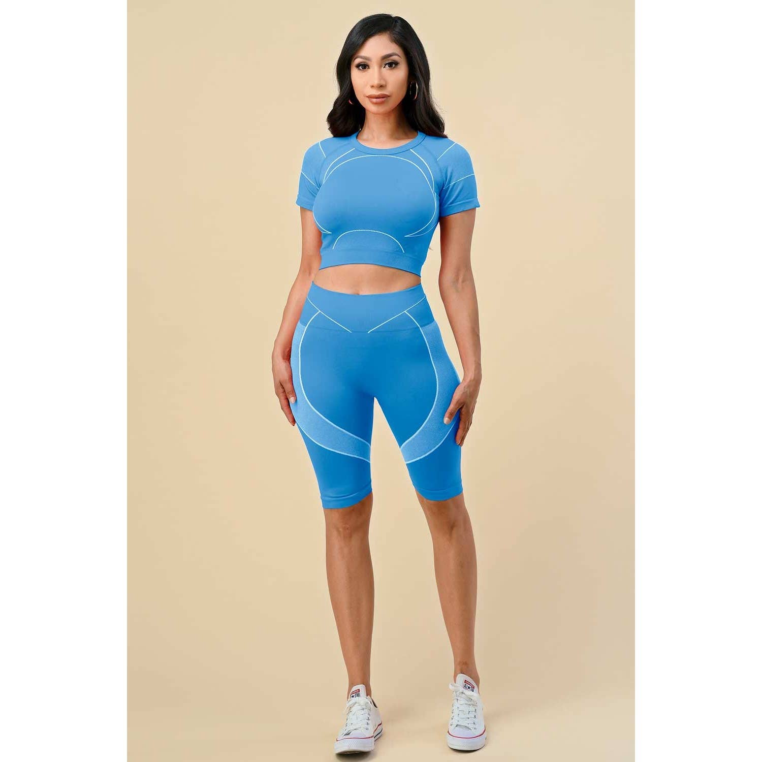 VERA GEO PATTERN SHORT SLEEVE BIKE LEGGINGS SET: DUSTY BLUE