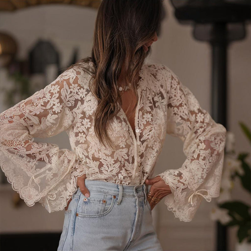 Saffron Lace Boho Embroidered V-Neck Blouse