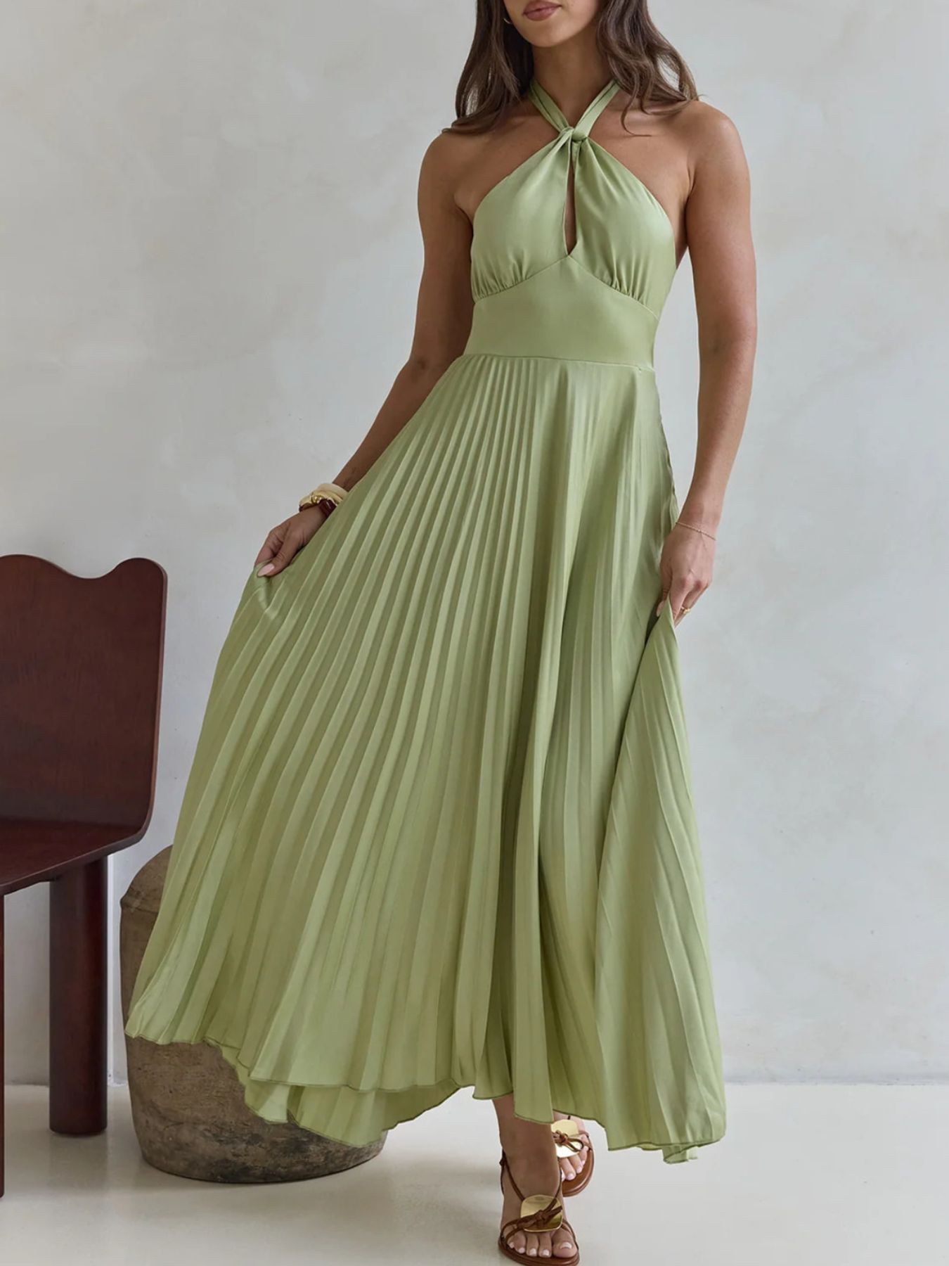 Halter Neck Pleated A-Line Dress