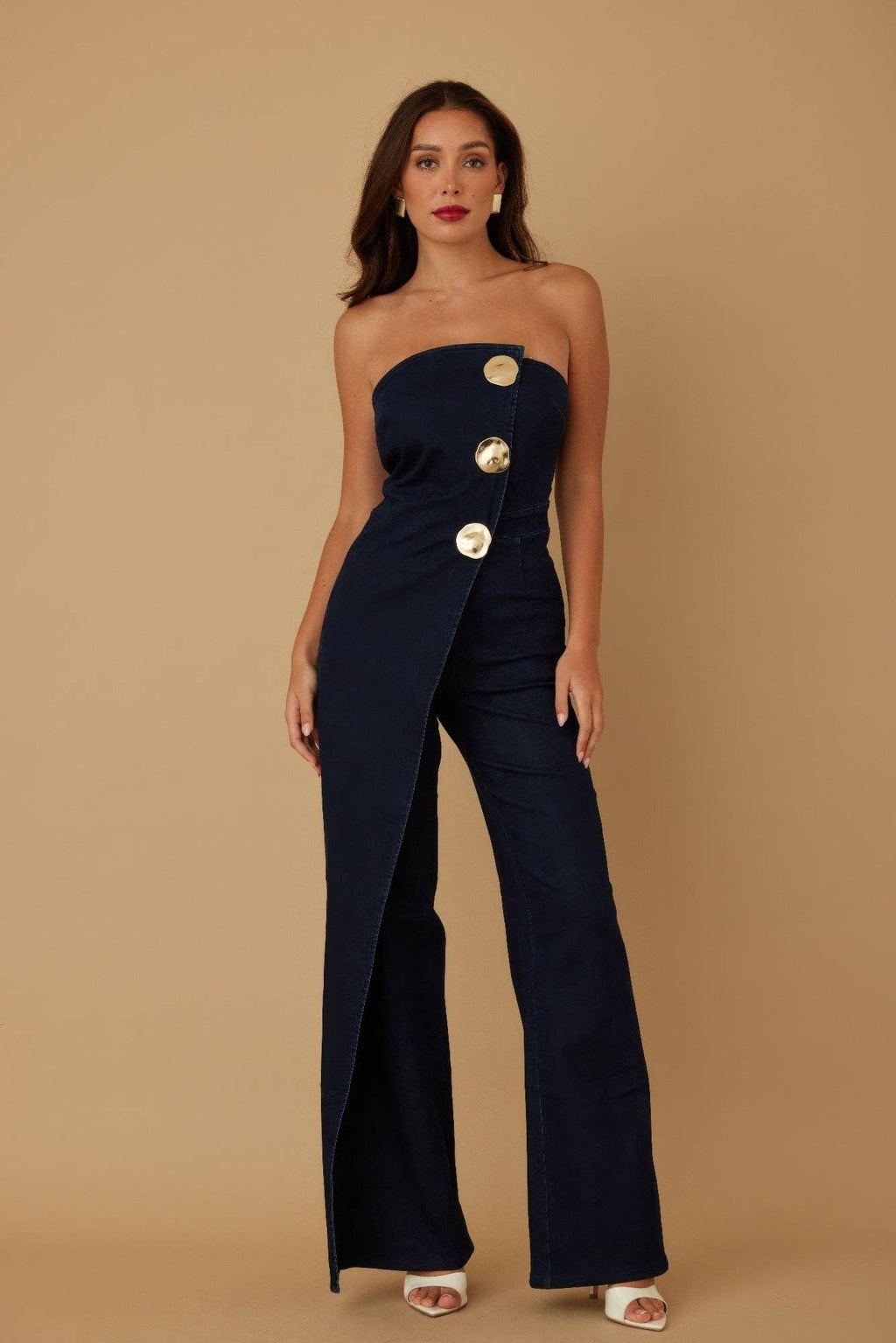 Genesis Denim Open Flap Layer Strapless Jumpsuit