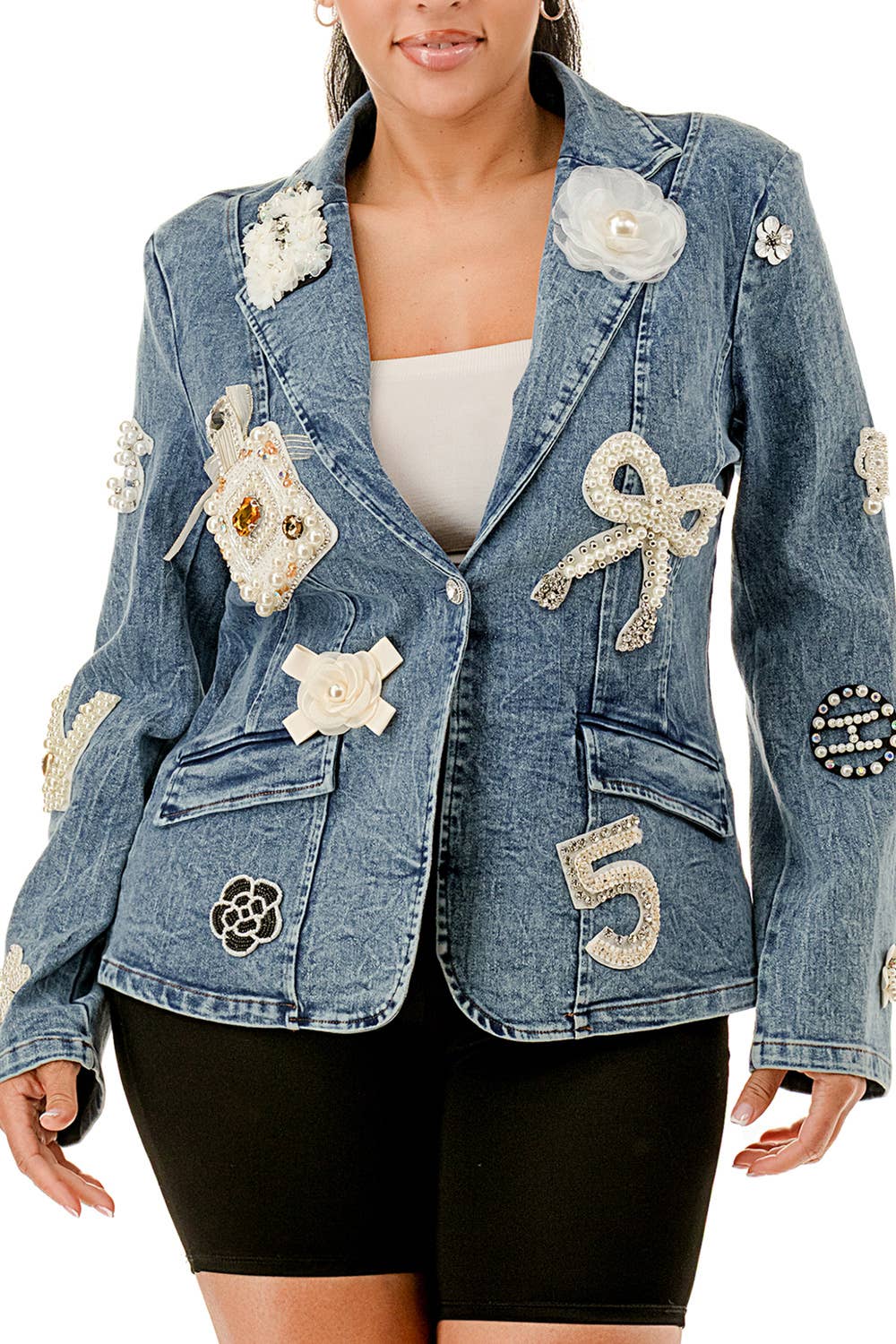 Embellished Pearl & Rhinestone Denim Blazer: M