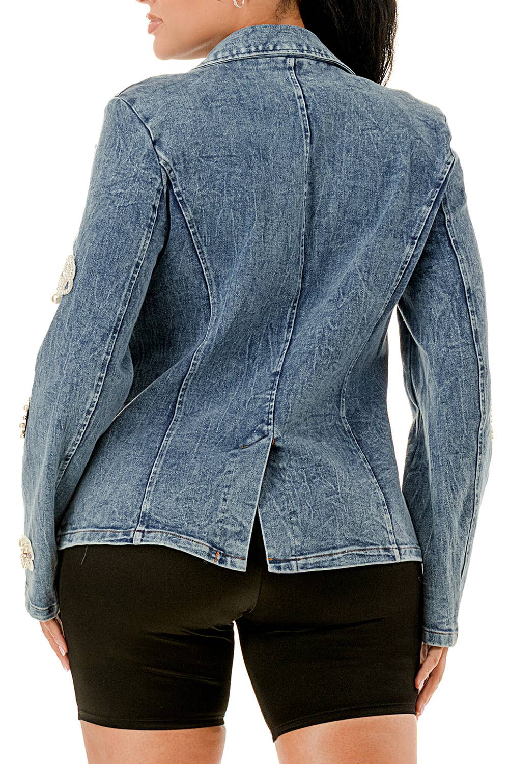 Embellished Pearl & Rhinestone Denim Blazer: M