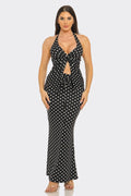Polka Dots Front V- Neck Twist Halter Top And Skirt Set : Black-White / 2-2-2 (S-M-L)