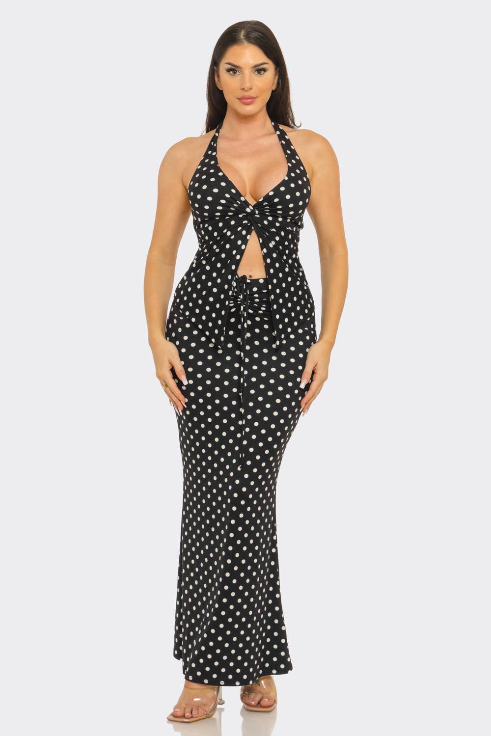 Polka Dots Front V- Neck Twist Halter Top And Skirt Set : Black-White / 2-2-2 (S-M-L)