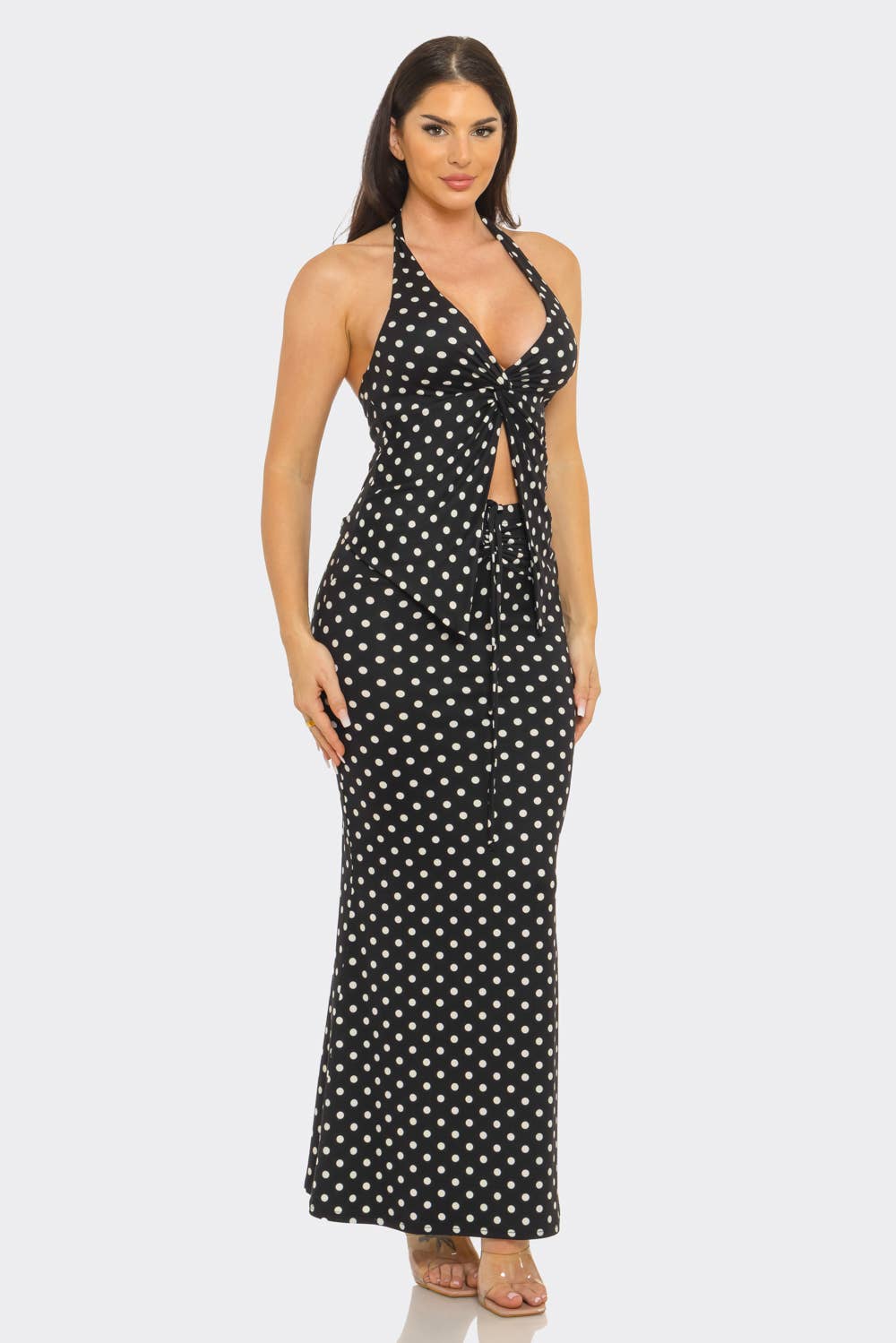 Polka Dots Front V- Neck Twist Halter Top And Skirt Set : Black-White / 2-2-2 (S-M-L)