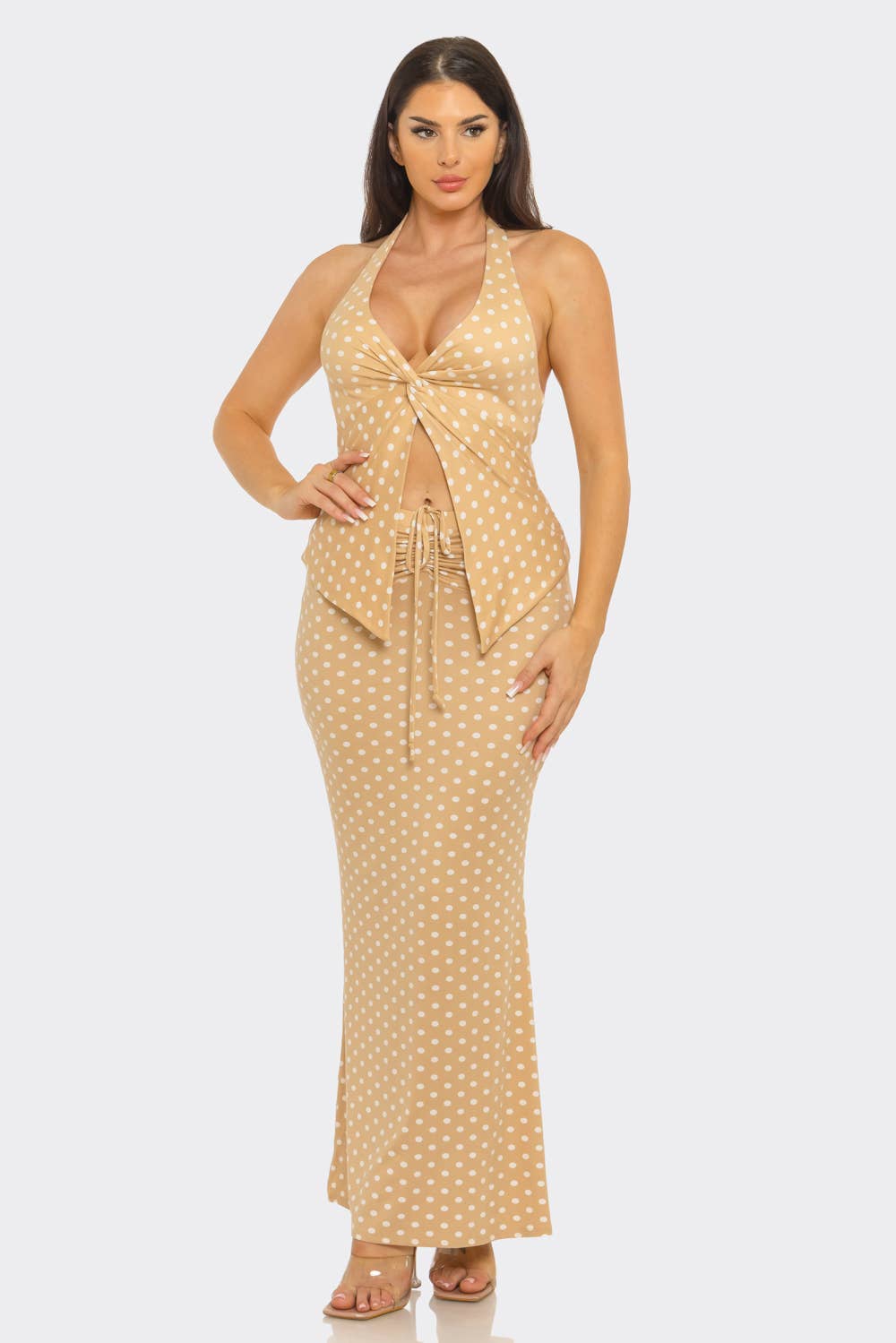 Polka Dots Front V- Neck Twist Halter Top And Skirt Set : Black-White / 2-2-2 (S-M-L)