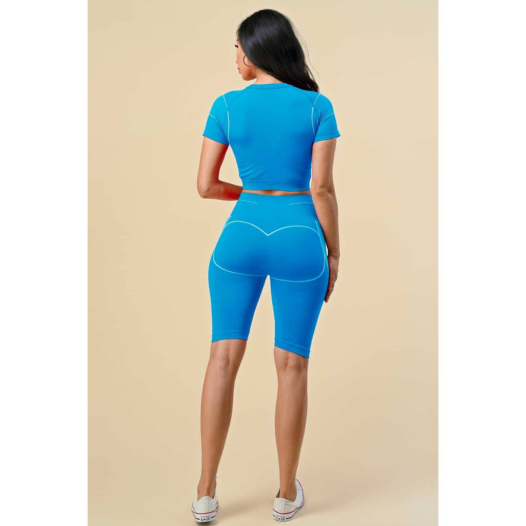 VERA GEO PATTERN SHORT SLEEVE BIKE LEGGINGS SET: DUSTY BLUE