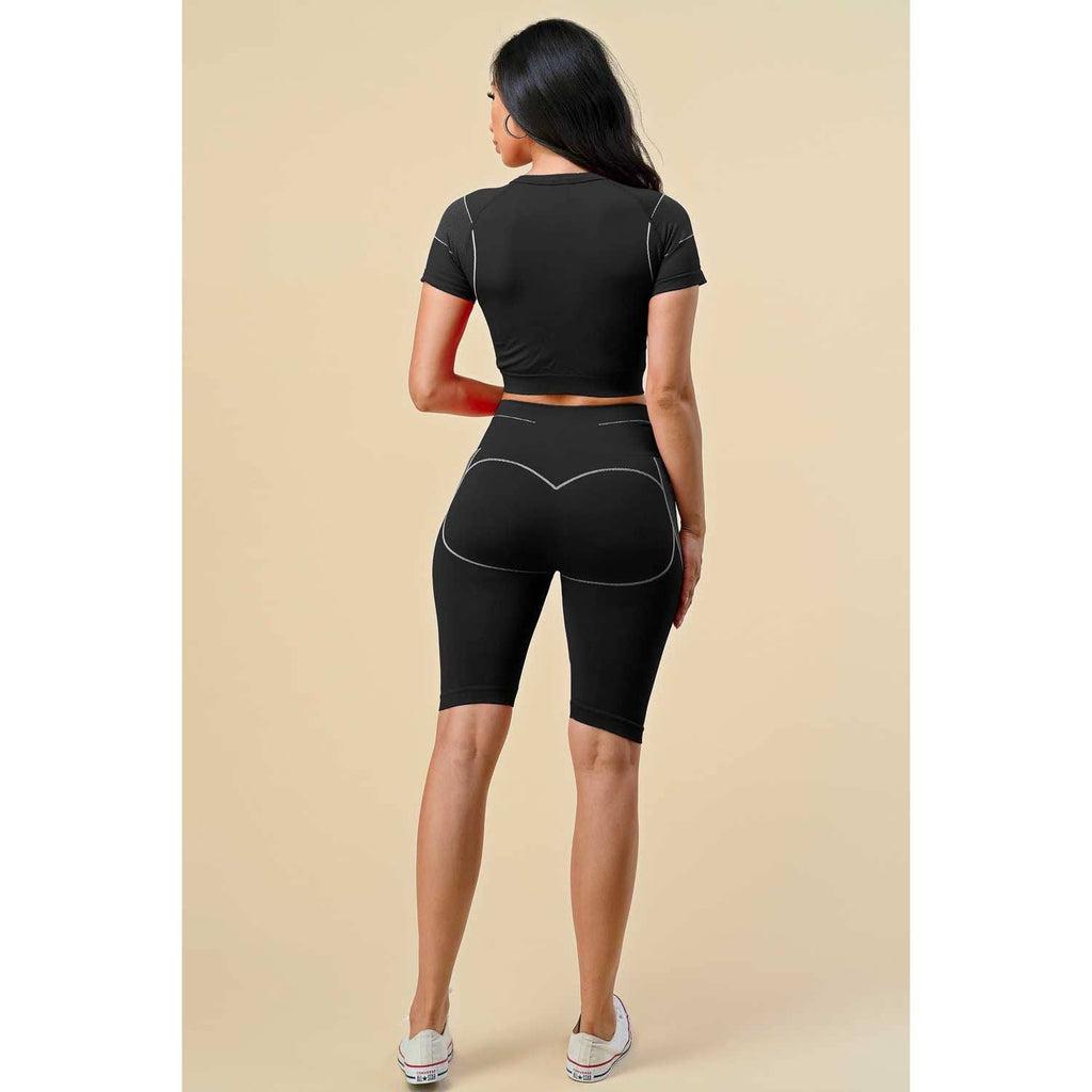 VERA GEO PATTERN SHORT SLEEVE BIKE LEGGINGS SET: DUSTY BLUE