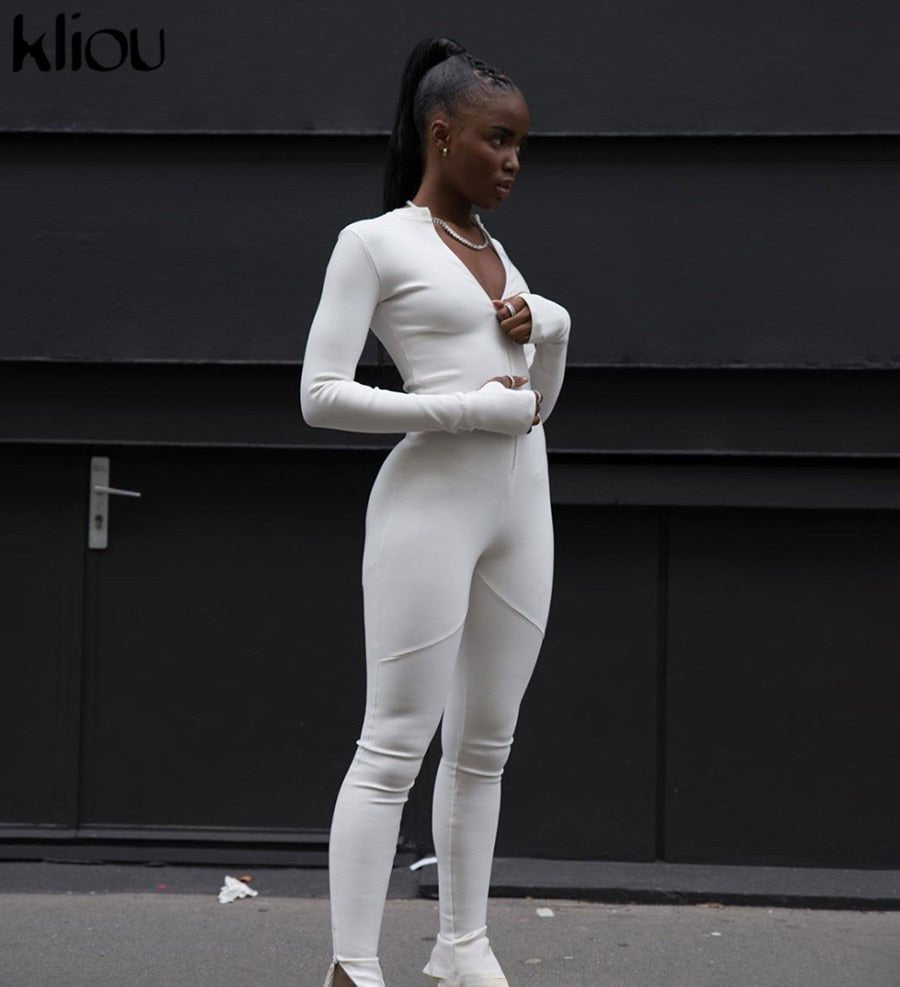 Black/white Sexy Bodycon tracksuit Jumpsuit Women  fitness Romper Long Sleeve