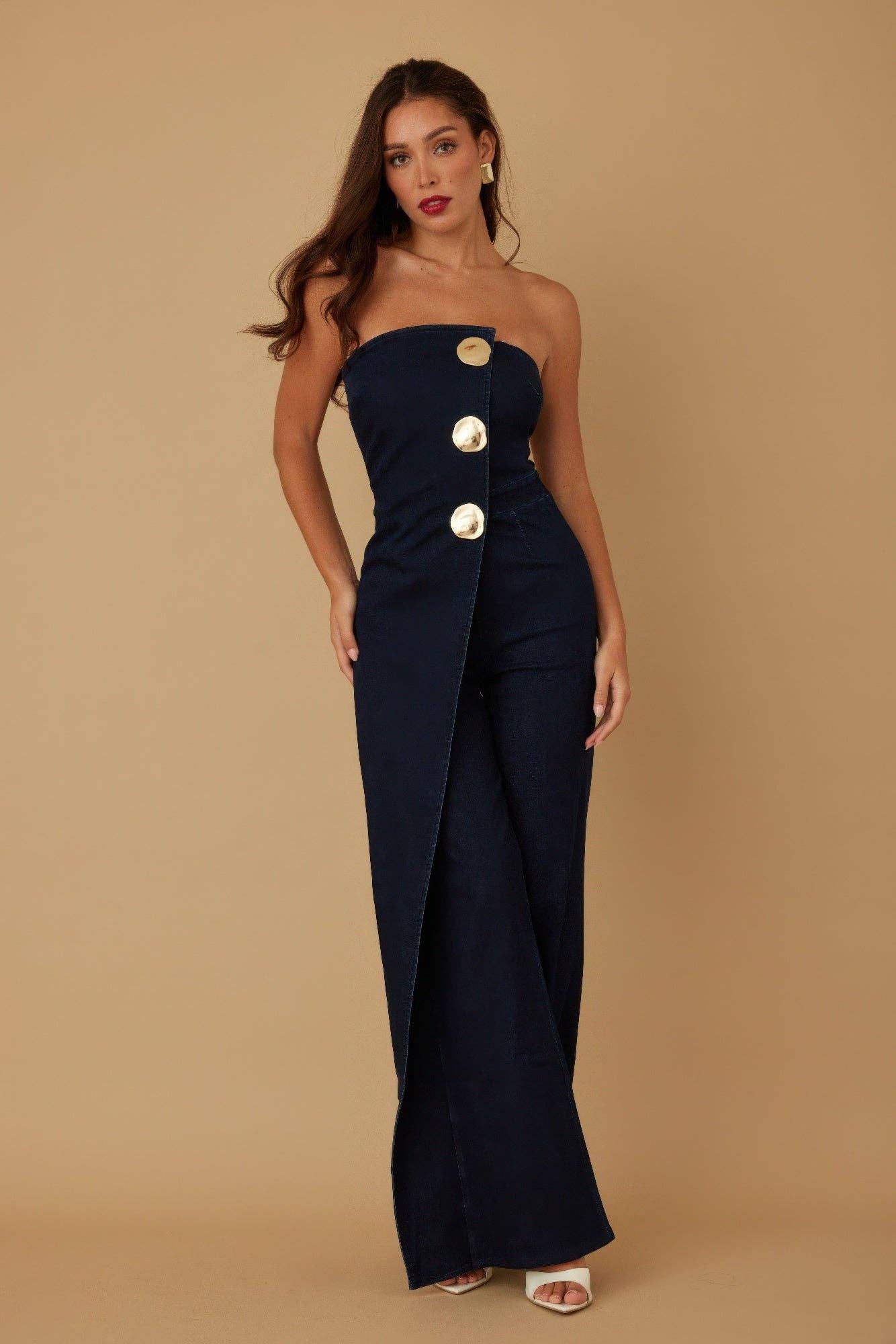 Genesis Denim Open Flap Layer Strapless Jumpsuit