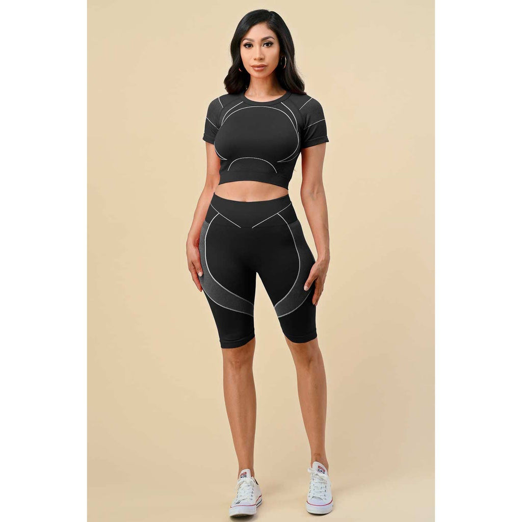 VERA GEO PATTERN SHORT SLEEVE BIKE LEGGINGS SET: DUSTY BLUE