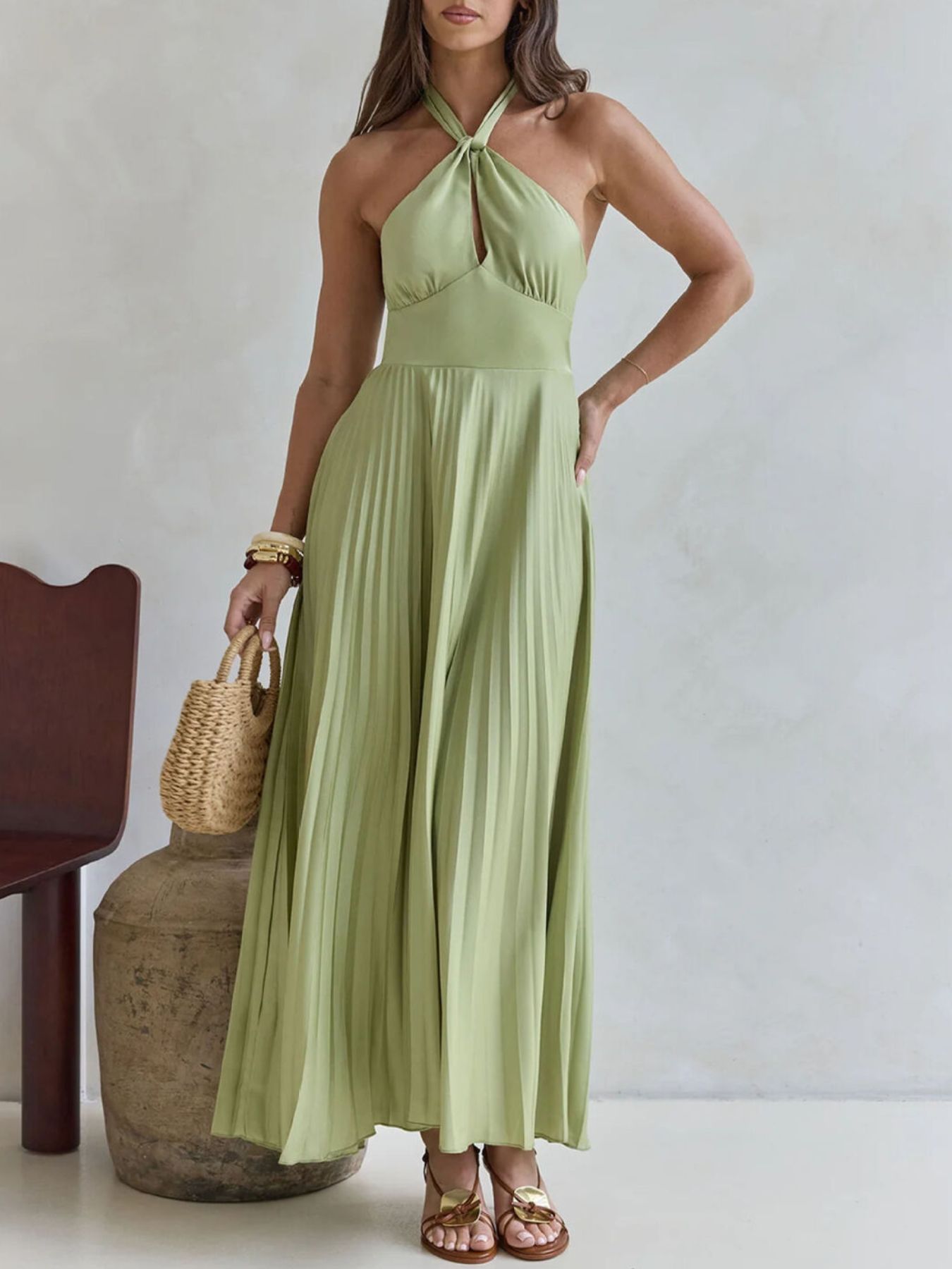 Halter Neck Pleated A-Line Dress