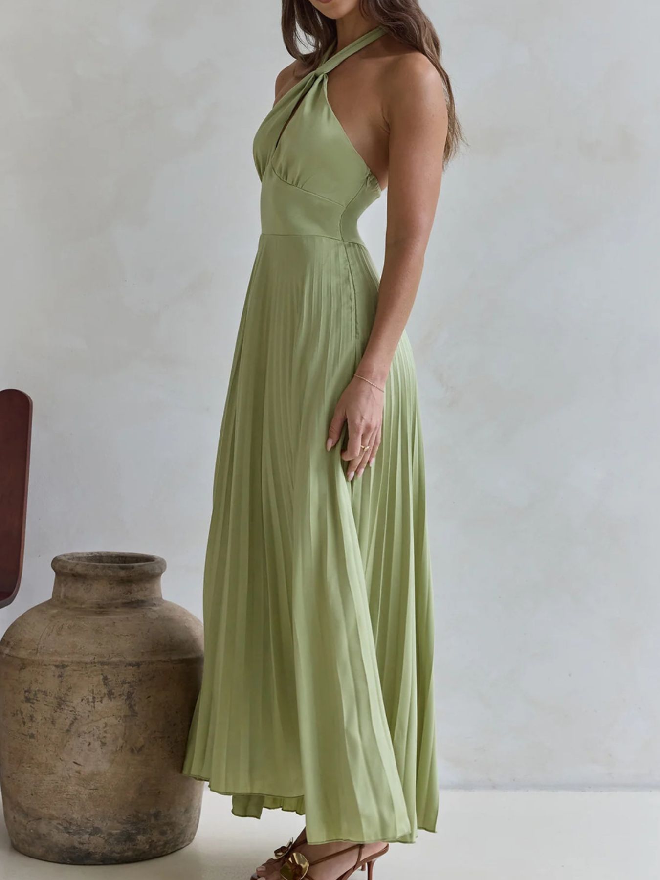 Halter Neck Pleated A-Line Dress