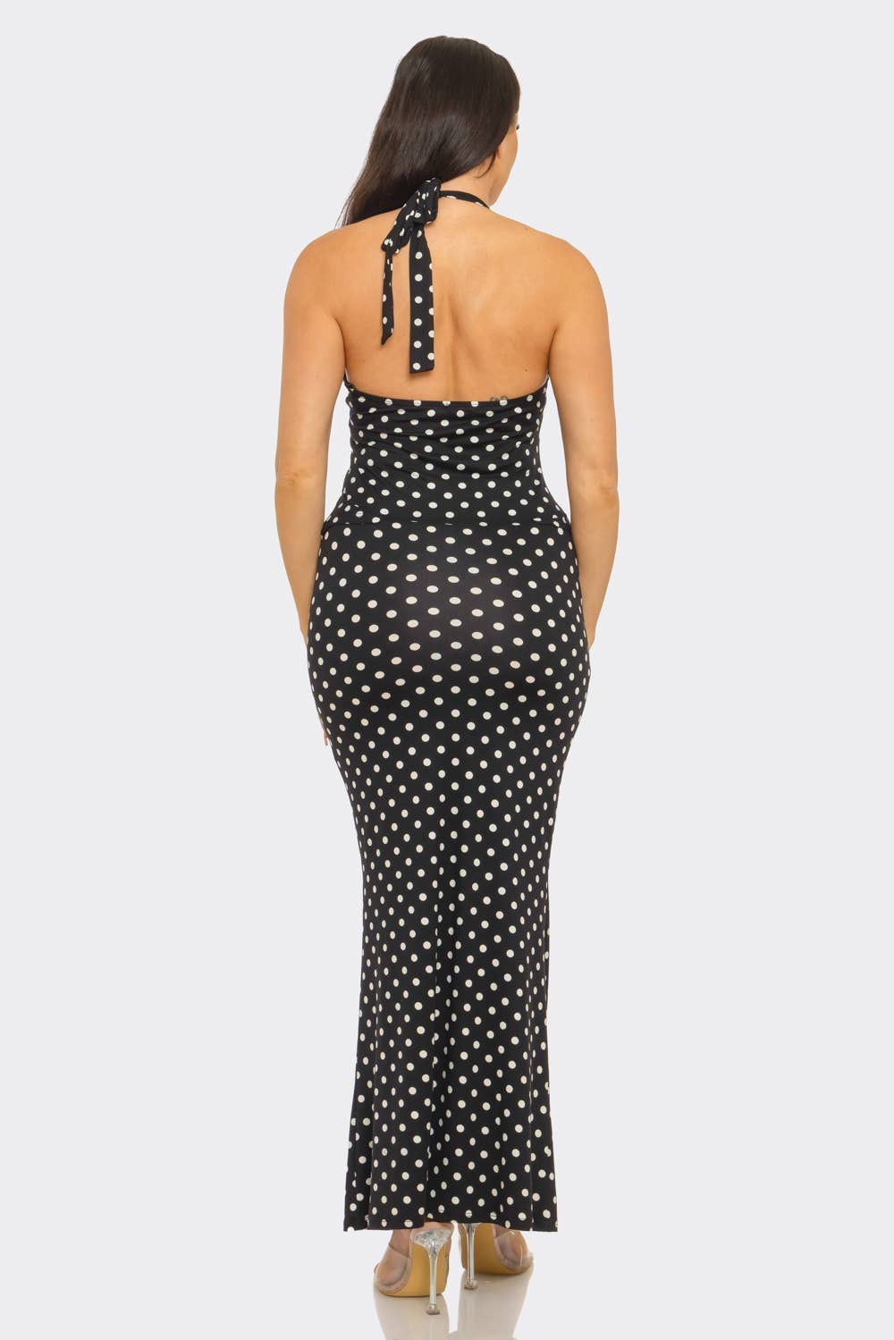 Polka Dots Front V- Neck Twist Halter Top And Skirt Set : Black-White / 2-2-2 (S-M-L)