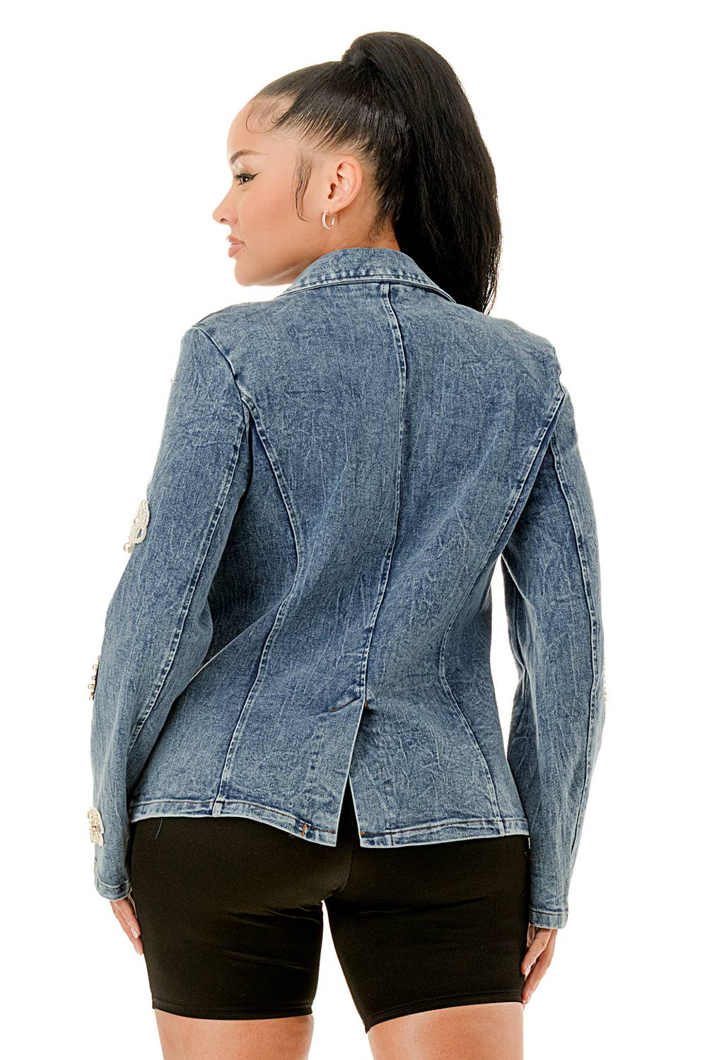 Embellished Pearl & Rhinestone Denim Blazer: S
