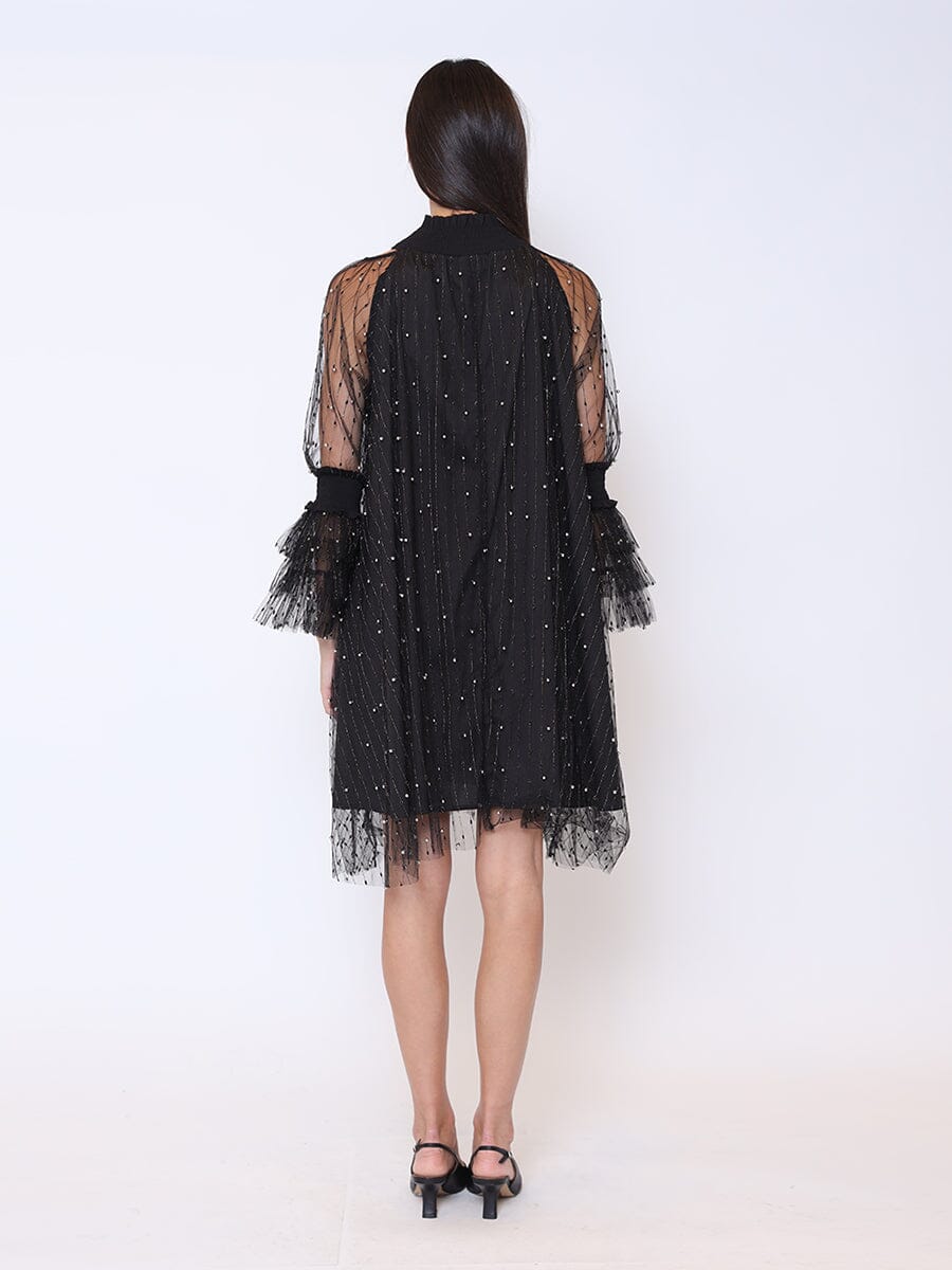 Flounce Sleeve Mesh Sparkling Mock Neck Dress