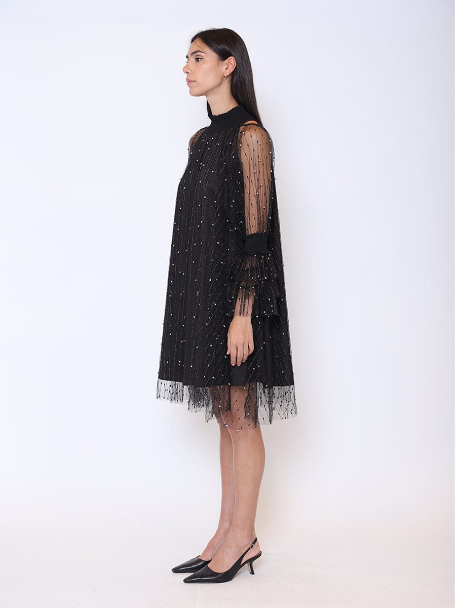 Flounce Sleeve Mesh Sparkling Mock Neck Dress