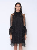 Flounce Sleeve Mesh Sparkling Mock Neck Dress