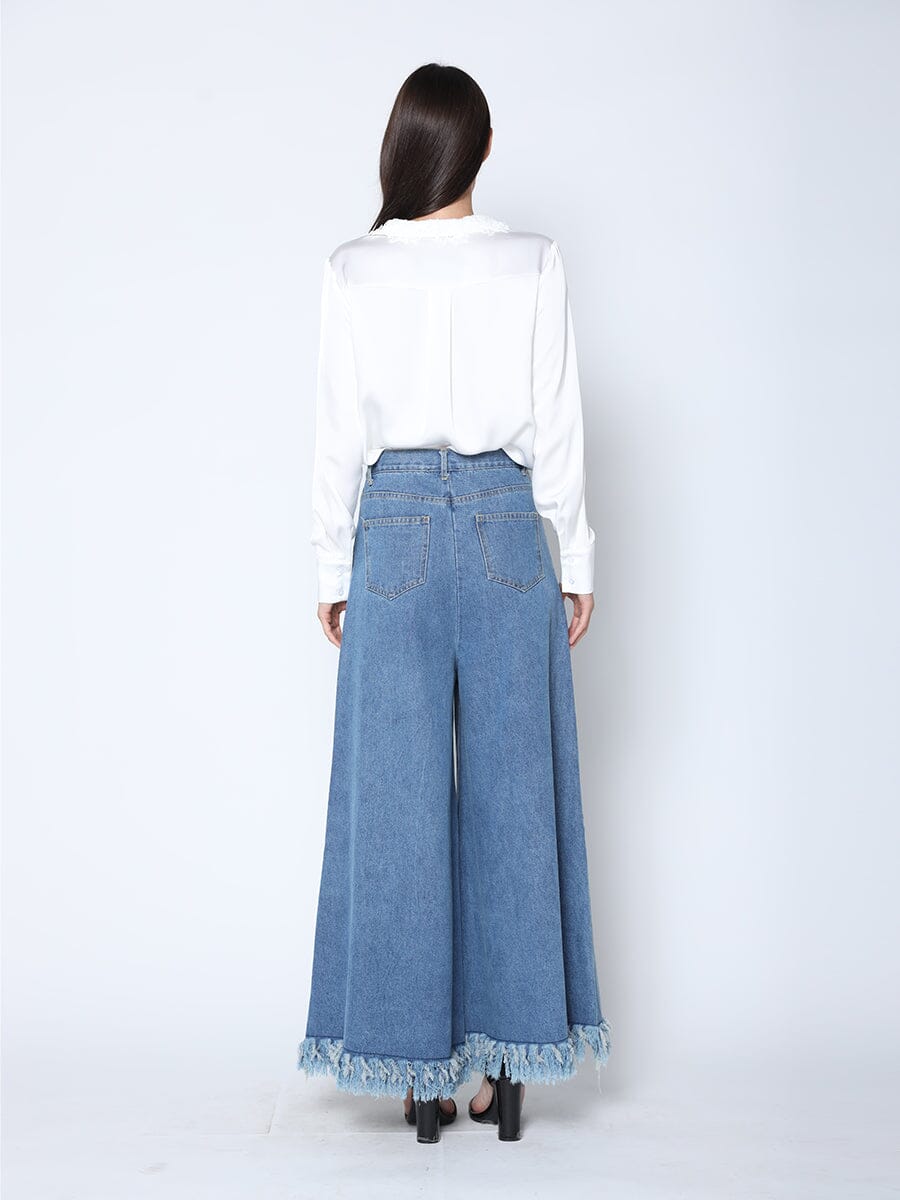 Gracia Fashion Women's Frayed Raw Hem Wide Leg Slouchy Denim Pants