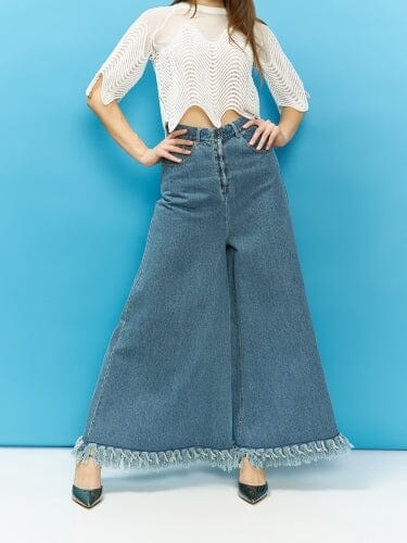 Gracia Fashion Women's Frayed Raw Hem Wide Leg Slouchy Denim Pants