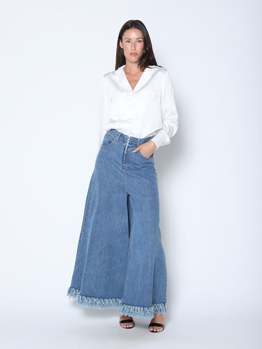 Gracia Fashion Women's Frayed Raw Hem Wide Leg Slouchy Denim Pants