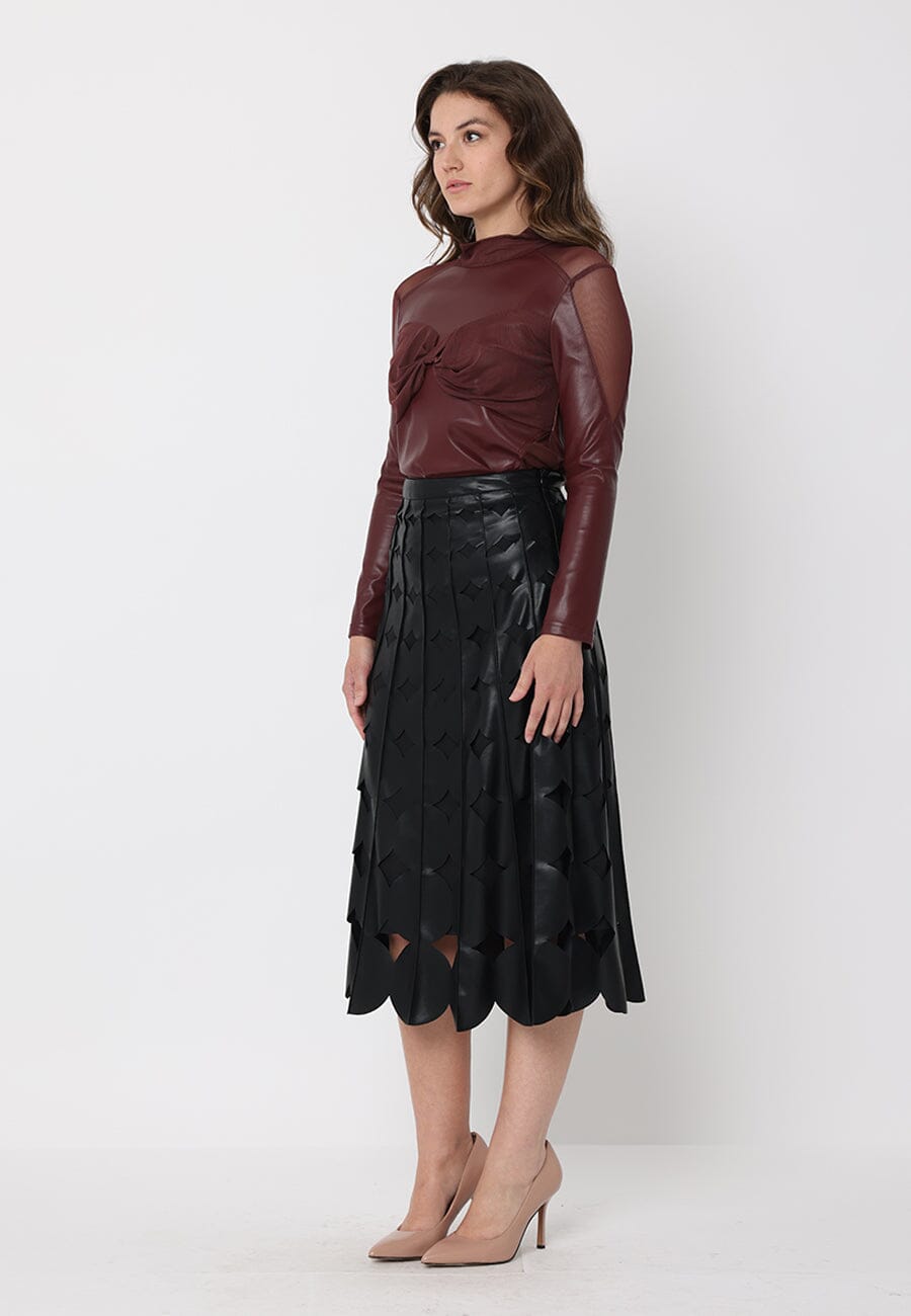 Gracia Fashion Women's High Neck Mesh Detail Ruched Bust Pleather Top