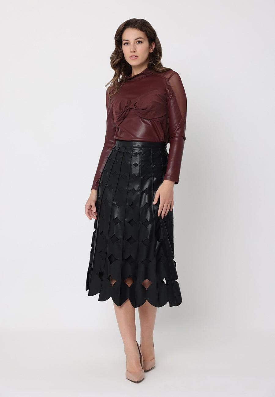 Gracia Fashion Women's High Neck Mesh Detail Ruched Bust Pleather Top