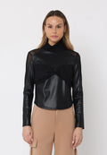 Gracia Fashion Women's High Neck Mesh Detail Ruched Bust Pleather Top