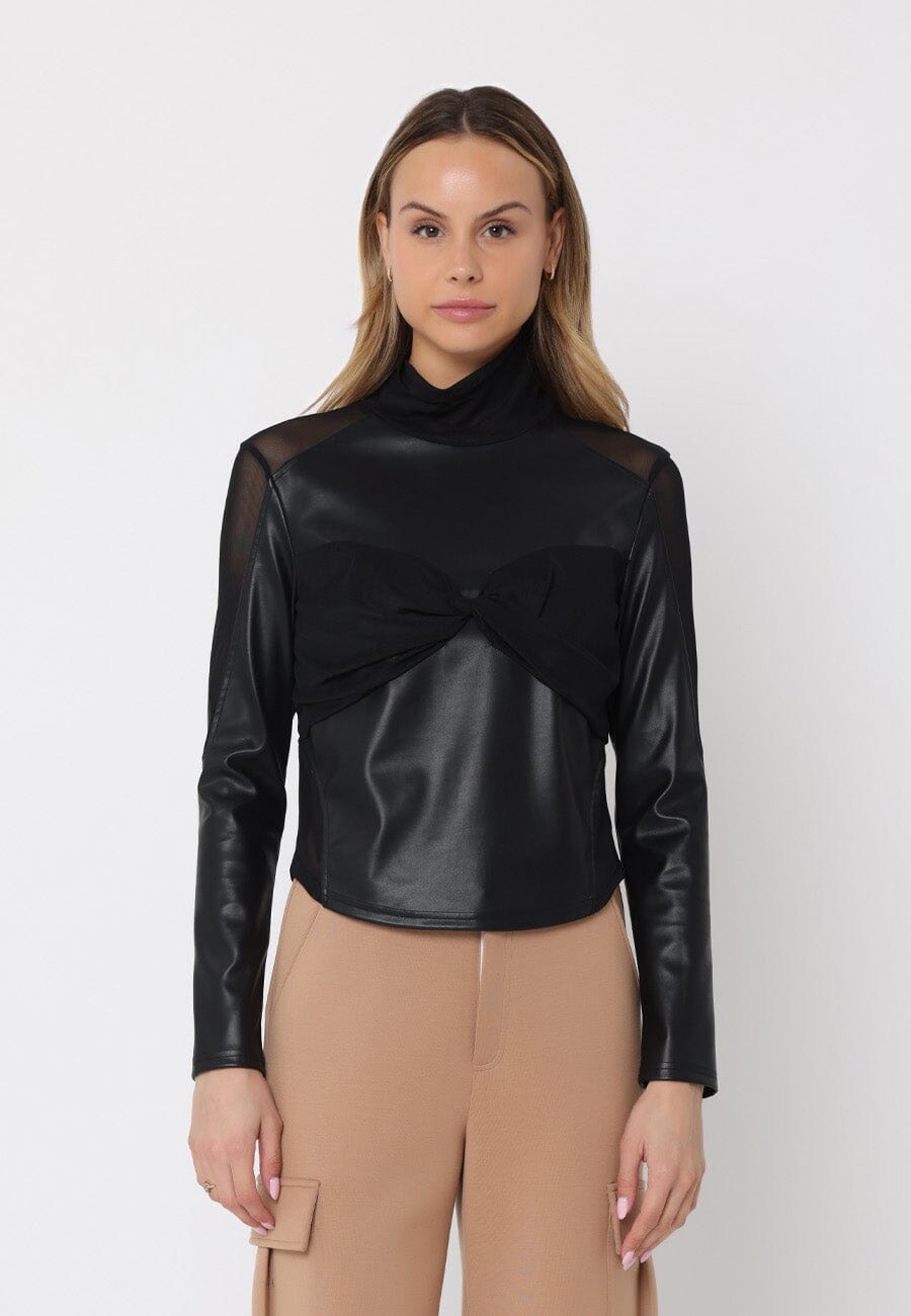 Gracia Fashion Women's High Neck Mesh Detail Ruched Bust Pleather Top