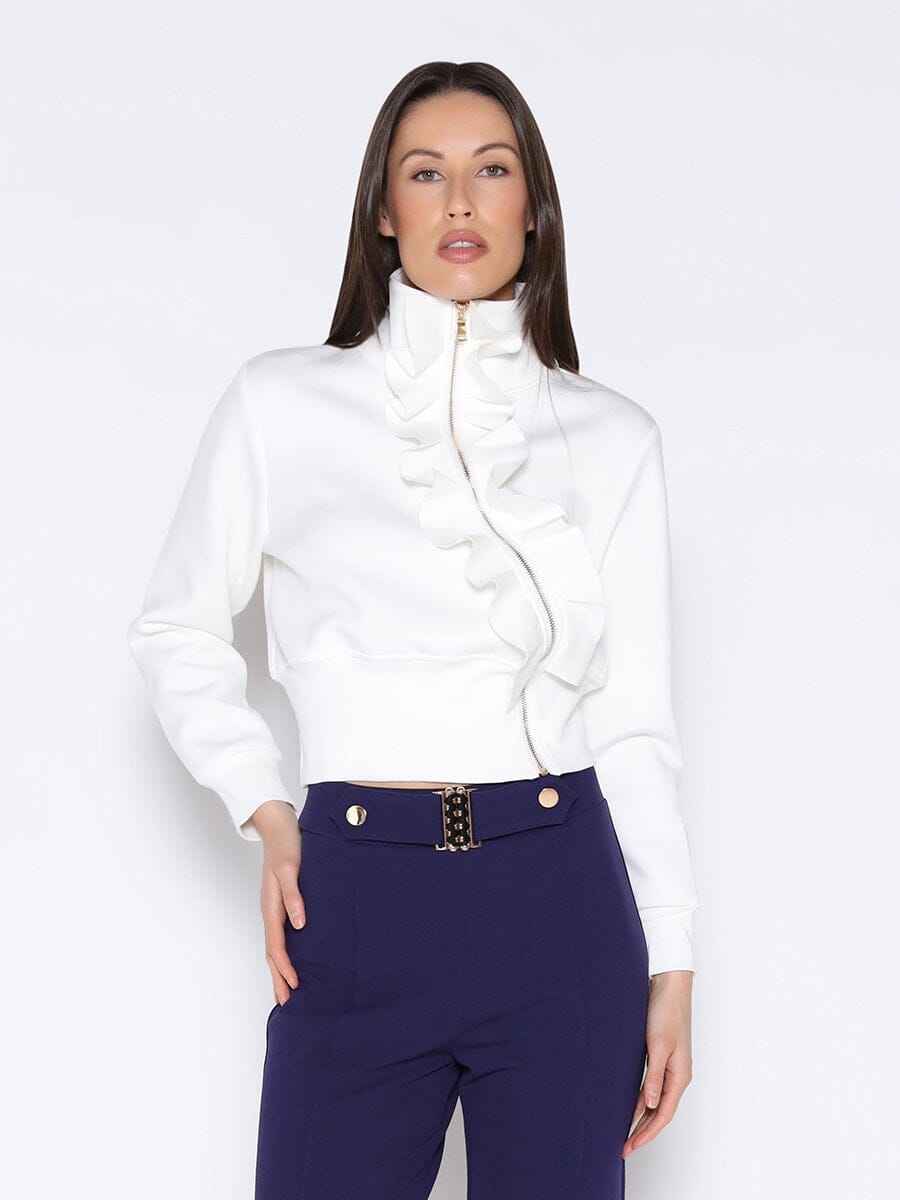 Gracia Fashion Women's Highneck Scuba Assymetrical Ruffled Zip Jacket